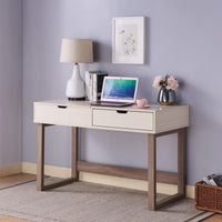 Ivory & Dark Taupe Desk Two Drawers, Lift Top Design Beige Brown Mdf