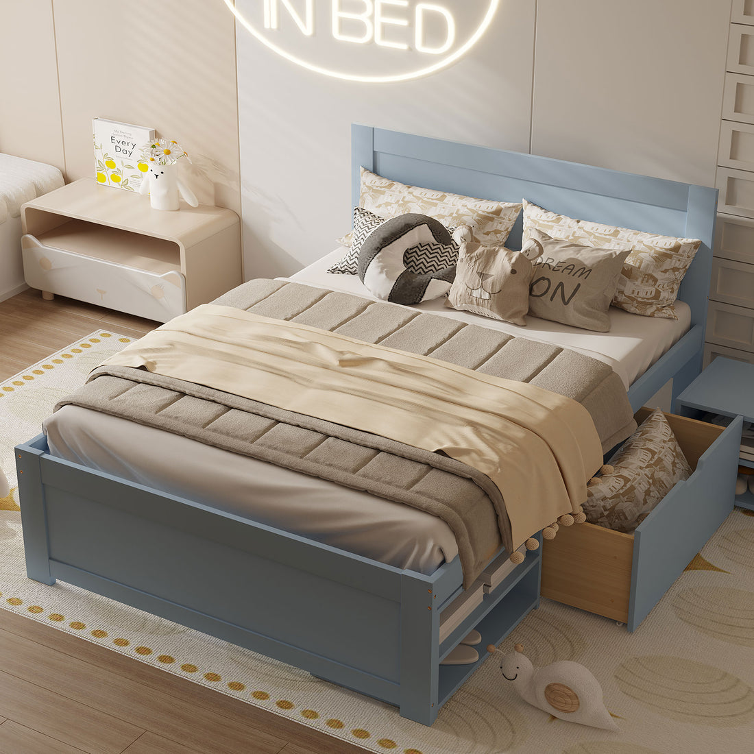 Full Size Platform Bed With Drawer And Two Shelves, Gray Expected Arrival Time: 10.28 Full Gray Mdf Lvl