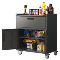 Sturdy And Durable Metal Tool Cabinet For Garage With Wheels Mobile Heavy Duty Storage Cabinet With 1 Drawer And 2 Locking Doors, Rolling Tool Storage Cabinet, Black And Gray Black Gray Steel