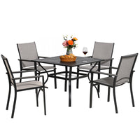 5Pcs Outdoor Dining Set, Square Metal Dining Table And 4 Textilene Dining Chairs, With 1.57" Umbrella Hole Dining Set Black Gray Seats 4 Garden & Outdoor American Design Complete Patio Sets Iron