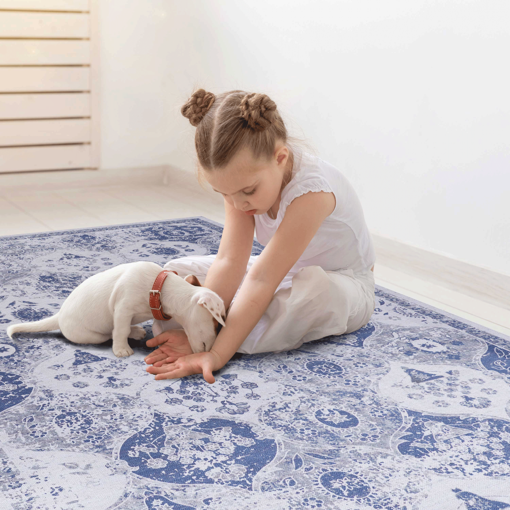 Blue Area Rug 5X8, Washable Rug, Low Pile, Non Slip, Non Shedding, Foldable, Kid & Pet Friendly Area Rugs For Living Room, Bedroom, Kitchen, Dining Room Rug Perfect Gifts, Blue, 5' X 8' Blue Chenille Polyester