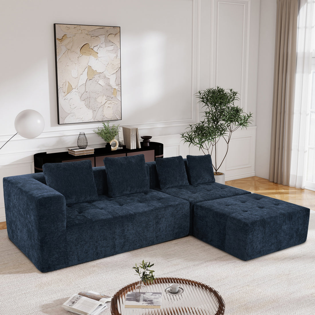 Modern Large Removable Modular Sofa, 3 Piece Set With Free Combination, Includes 4 Cushions, Ideal For Living Room, Bedroom, Apartment Dark Blue Polyester 3 Seat