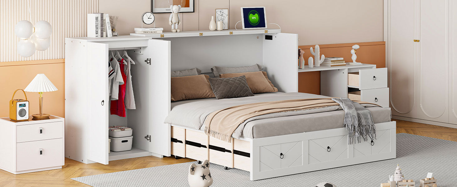 Queen Size Murphy Bed With Usb Port, Large Drawer, And Wardrobe Desk Combo Versatile White Cabinet Bed Queen White Solid Wood Mdf