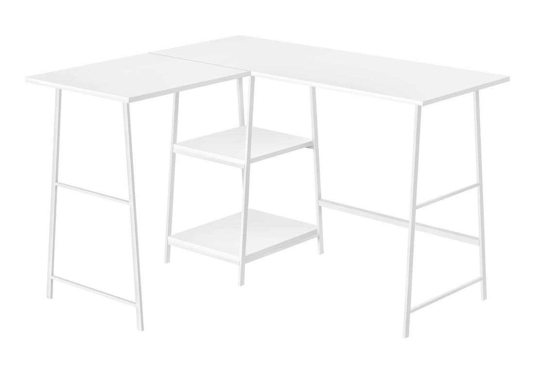 Computer Desk, Home Office, Corner, Storage Shelves, 48"L, L Shape, Work, Laptop, White Laminate, White Metal, Contemporary, Modern White Metal