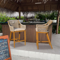 Bar Stools Set Of 2, Outdoor Counter Height Bar Chairs With Arm And Backrest, Aluminum Tall Bar Stools With Cushion Modern Textilene Rope Boho Barstools For Garden, Pool, Patio, Kitchen Square Backres Yes Khaki Garden & Outdoor 2 Person Seating Group