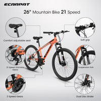 A2610 26 Inch Mountain Bike 21 Speeds, Suspension Fork, Steel Frame Disc Brake For Men Women Mens Bicycle Adlut Bike Cycling Orange Without Anti Slip Garden & Outdoor American Design Multifunctional Steel