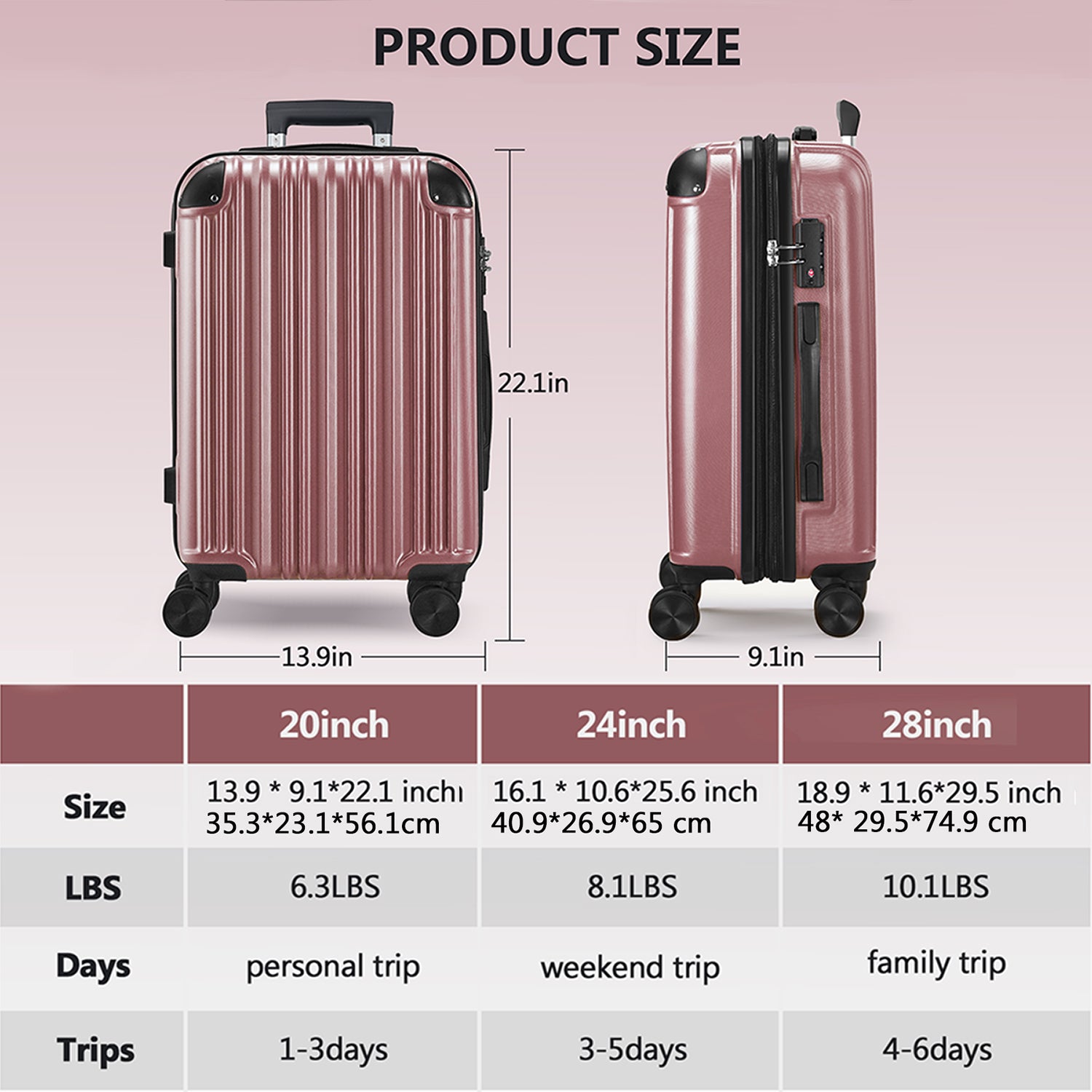 3 Piece Luggage Set With Tsa Lock& Double Spinner Wheels, Expandable For Large Storage Rose Gold Abs