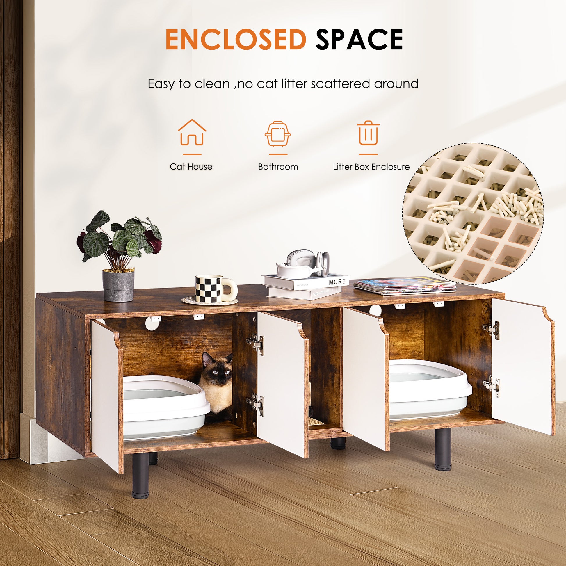 Cat Litter Box Enclosure For 2 Cats, Double Hidden Litter Box Furniture Large Cat Washroom, Indoor Cat House Cabinet Tv Stand End Table, White Vintage White Vintage Particle Board