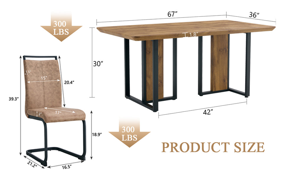 Table And Chair Set.67"X36" Wood Textured Mdf Dining Table Set With 4 Brown Fabric Chairs.Mdf Sticker,Wood Colored Texture Sticker,Black C Tube Dining Chair Legs,Suitable For Kitchen,Dining