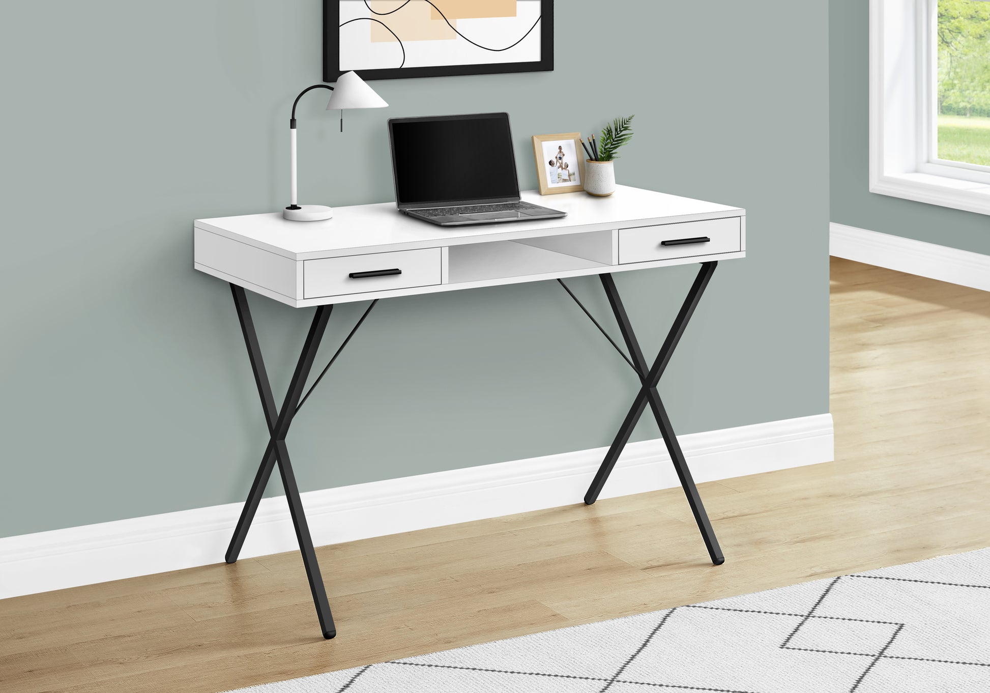 Computer Desk, Home Office, Laptop, Left, Right Set Up, Storage Drawers, 42"L, Work, White Laminate, Black Metal, Contemporary, Modern White Particle Board