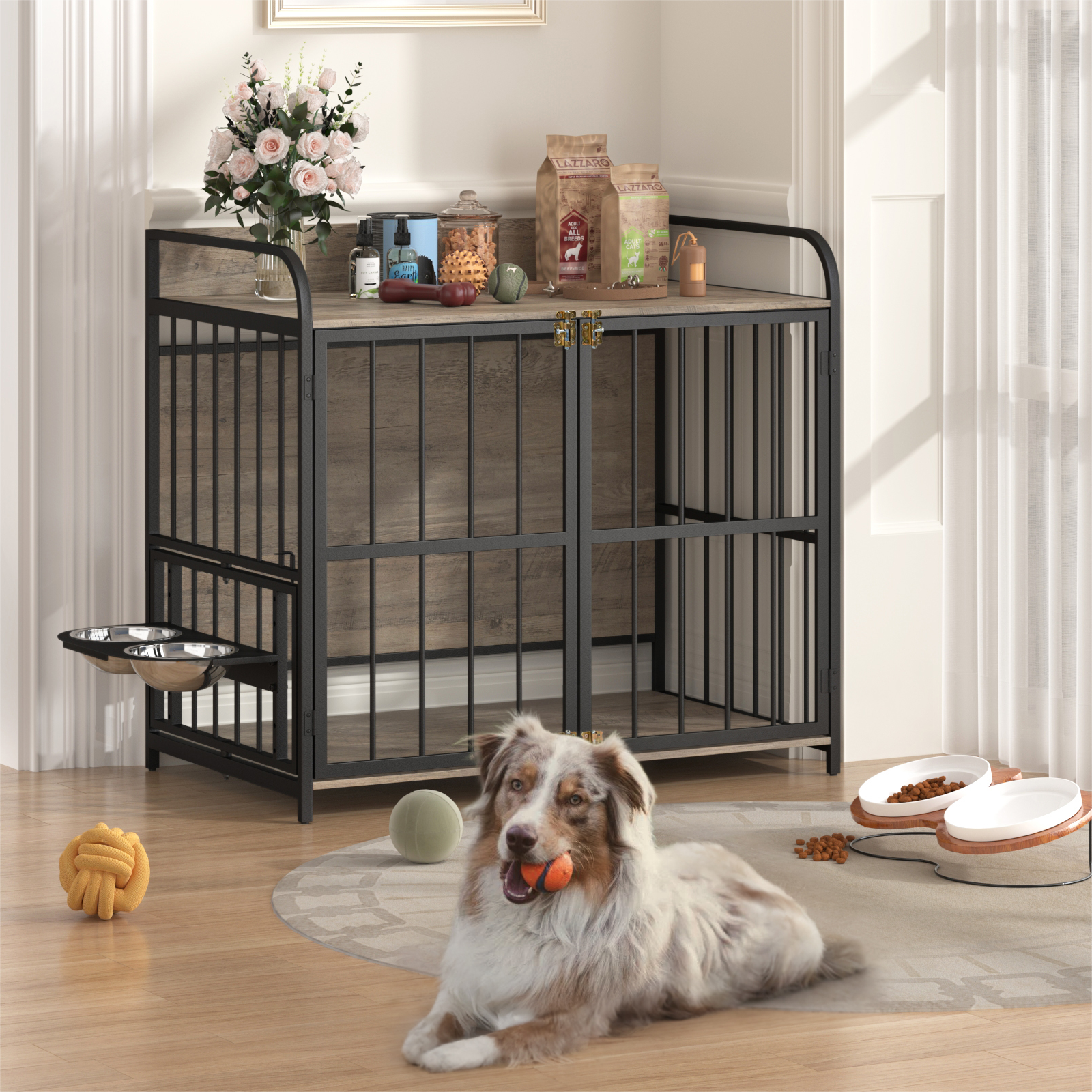 39'' Indoor Metal Dog Crate With Double Doors, Wooden Side End Table Crate, Dog Crate Furniture With Adjustable Feeder Stand, For Medium Dog, Gray Gray Dog Engineered Wood