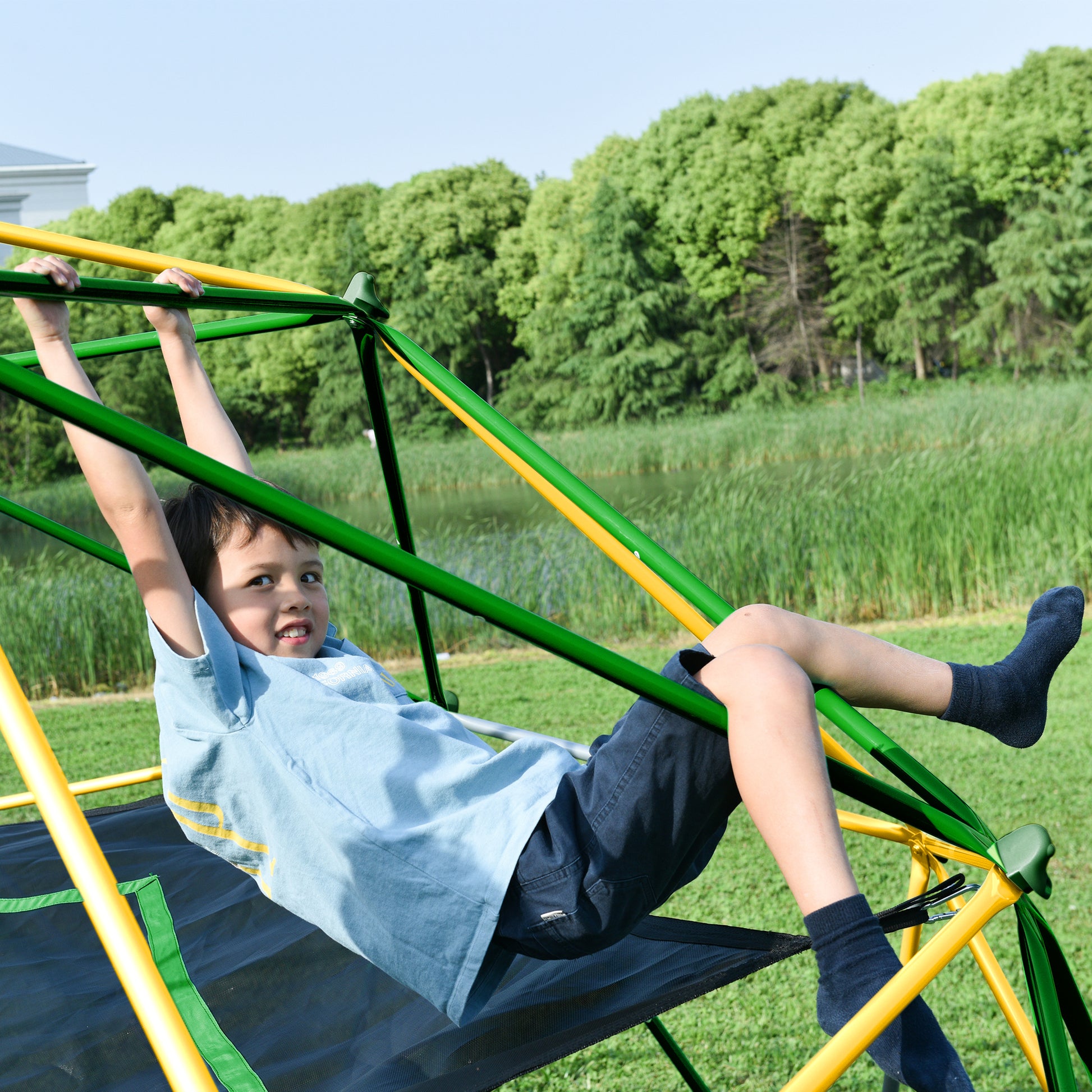 13Ft Geometric Dome Climber Play Center, Kids Climbing Dome Tower With Hammock, Rust & Uv Resistant Steel Supporting 1000 Lbs Yellow Metal