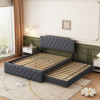 Queen Size Upholstered Platform Bed With Twin Size Trundle And Usb Portsdecorate With Copper Nails,Linen Fabric, Dark Grey Queen Dark Gray Composite Linen Fabric