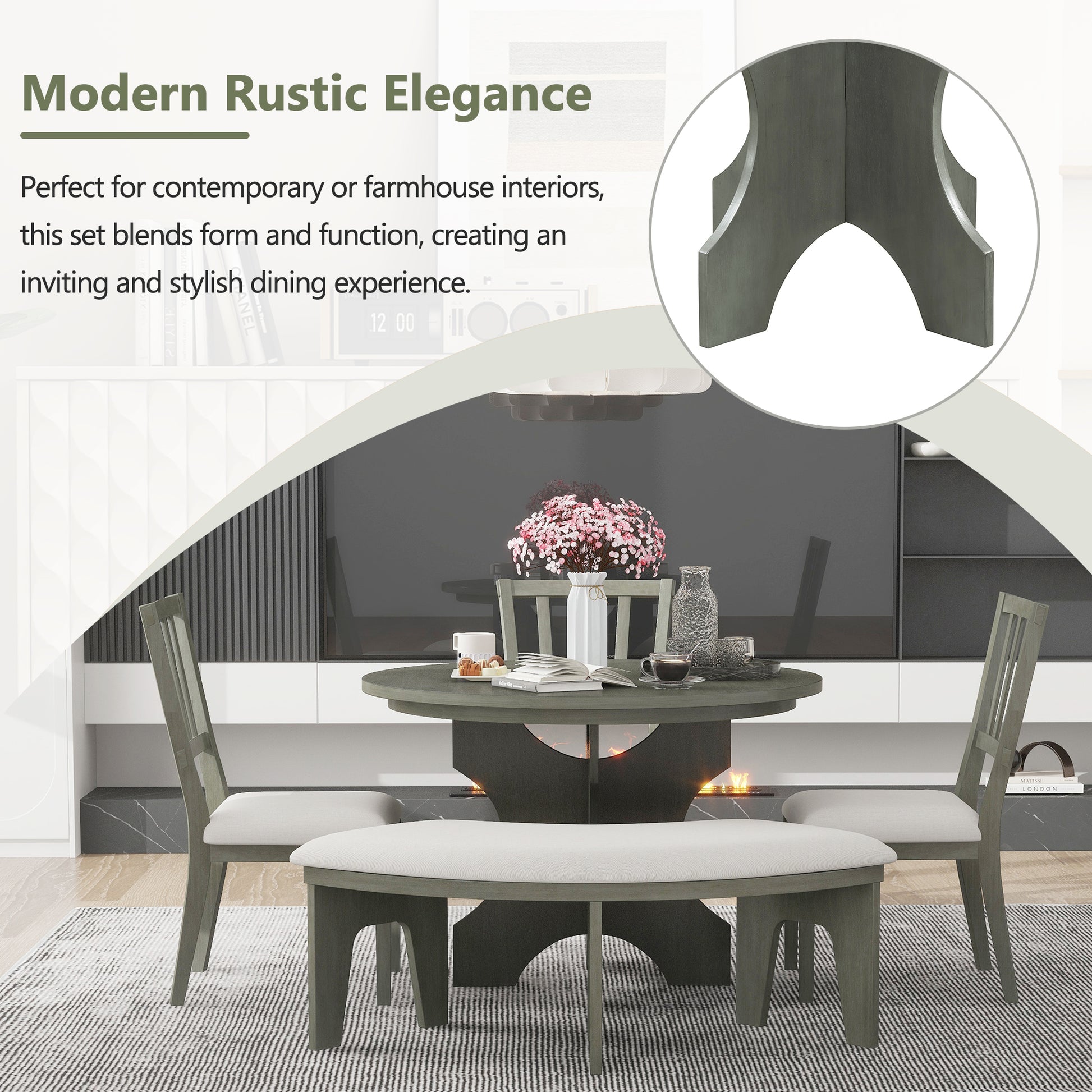 5 Piece Rustic Charm Round Dining Set With 3 Upholstered Chairs And Curved Bench For Dining Room, Kitchen And Living Room Gray Gray Rubber Wood