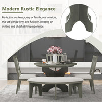 5 Piece Rustic Charm Round Dining Set With 3 Upholstered Chairs And Curved Bench For Dining Room, Kitchen And Living Room Gray Gray Rubber Wood