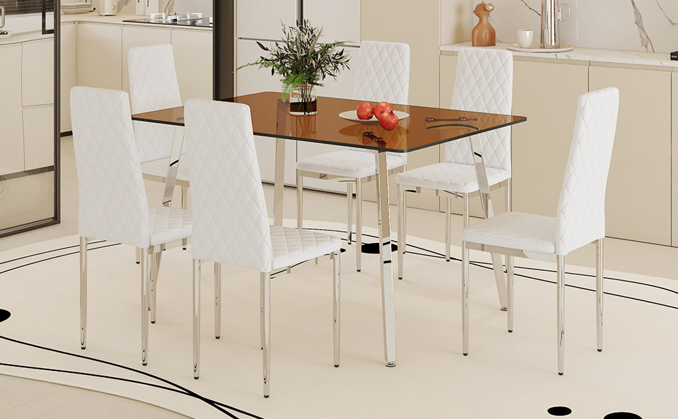 Table And Chair Set.Large Modern Rectangular Table With Brown Glass Top And Silver Metal Legs. Paired With 6 White Chairs With Checkered Armless High Back Pu Cushion And Silver Metal Legs.