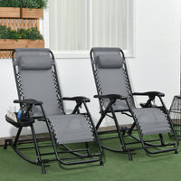 Outsunny 2 Pieces Outdoor Rocking Chairs, Foldable Reclining Zero Gravity Lounge Rocker With Pillow, Cup & Phone Holder, Combo Design With Folding Legs, Gray Gray Steel