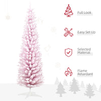 Homcom 6' Snow Flocked Artificial Pencil Christmas Tree, Slim Xmas Tree With Realistic Branches And Plastic Base Stand For Indoor Decoration, Pink Pink Plastic