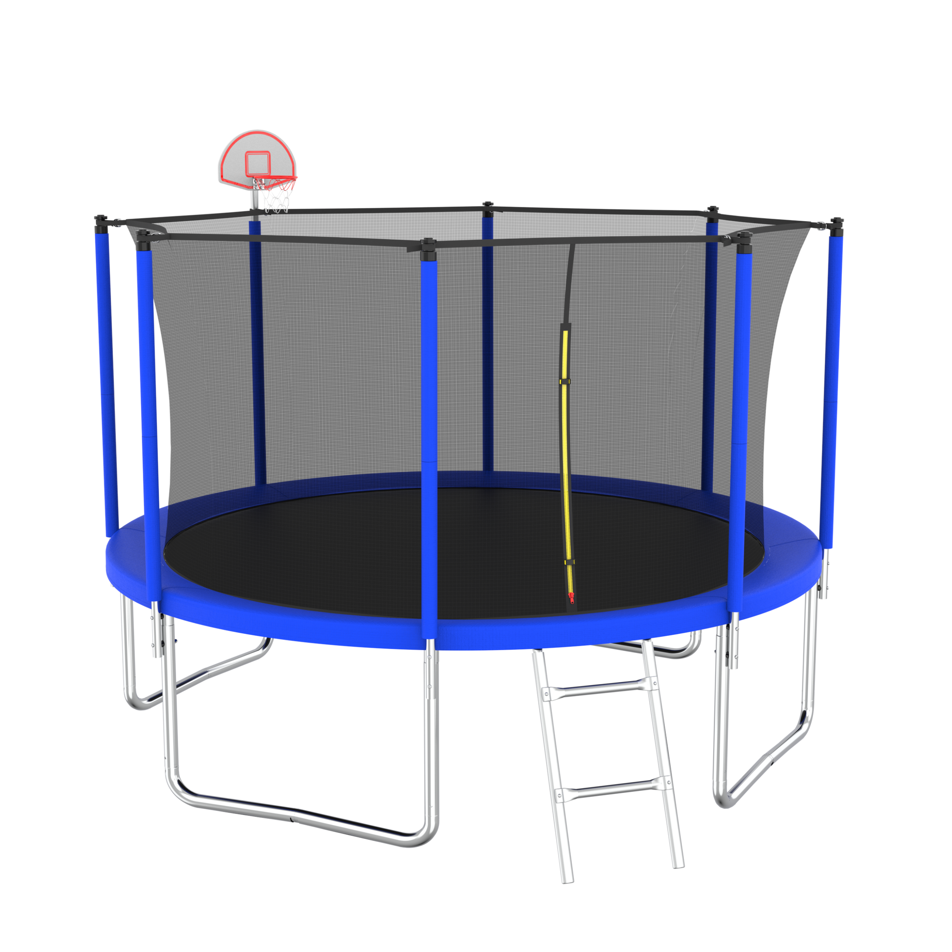 12Ft Trampoline For Kids & Adults With Basketball Hoop And Ball ,Recreational Trampolines With Safety Enclosure For Back Yard Outdoor Blue Metal