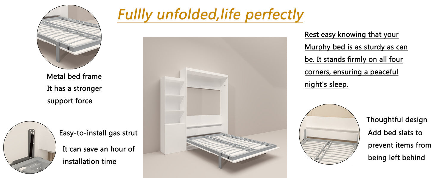 Queen Size Morden Deisgn Big Size Vertical Murphy Bed With Table And Shelf For Bedroom Or Guestroom White Wall Bed Space Saving Hidden Bed With Style Gas Struts Box Spring Not Required Queen White Metal Bedroom Murphy Plywood