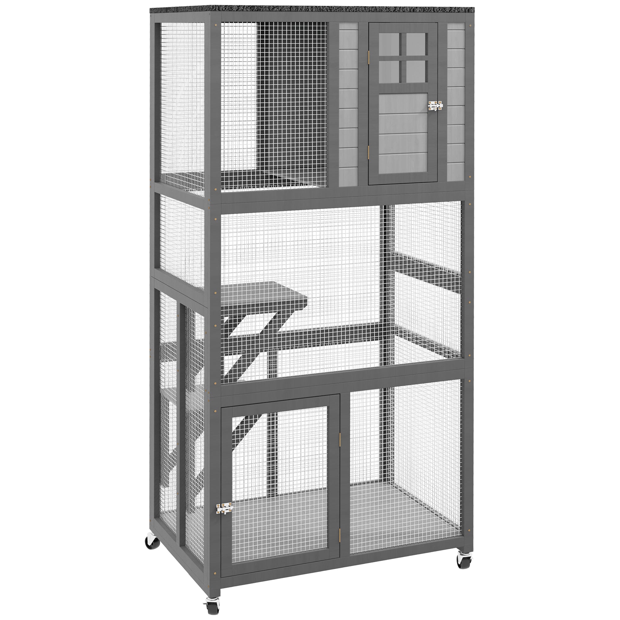 Pawhut 74" Wooden Catio Outdoor Cat House Weatherproof & Wheeled, Outside Cat Enclosure With High Weight Capacity, Kitten Cage Condo, Light Gray Light Gray Steel