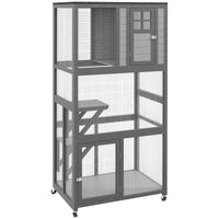 Pawhut 74" Wooden Catio Outdoor Cat House Weatherproof & Wheeled, Outside Cat Enclosure With High Weight Capacity, Kitten Cage Condo, Light Gray Light Gray Steel