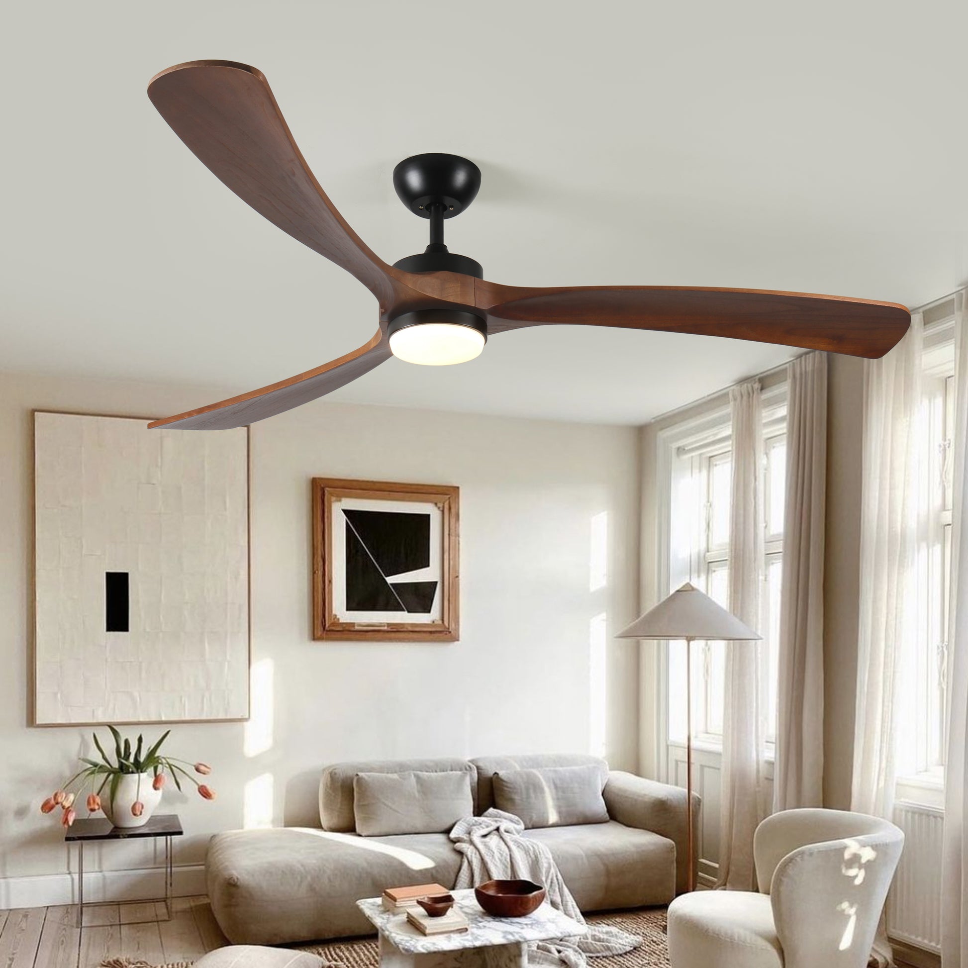 72 Inch Solid Wood Ceiling Fan With Lights And Remote Control Indoor Outdoor Ceiling Fan 3 Wooden Blades Modern Ceiling Fan For Porch Living Room Bedroom Antique Brown Solid Wood