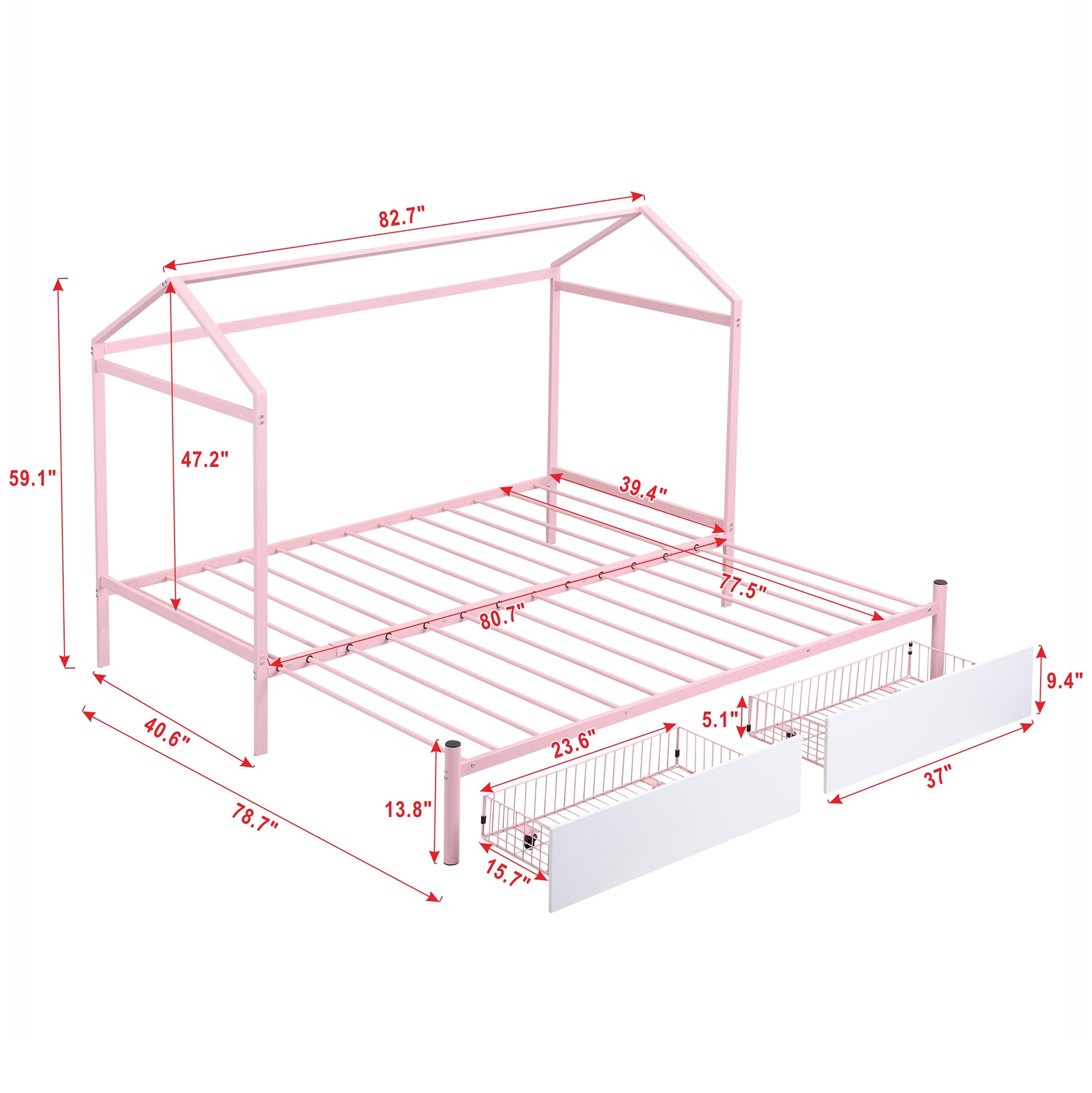 Twin Xl To King Metal Twin Size House Platform Bed With 2 Drawers, Pink Box Spring Not Required Twin Xl Pink Metal Bed Frame Metal