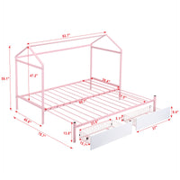 Twin Xl To King Metal Twin Size House Platform Bed With 2 Drawers, Pink Box Spring Not Required Twin Xl Pink Metal Bed Frame Metal