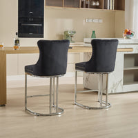 25" Counter Height Bar Stools Set Of 2, Modern Velvet Barstools With Button Back&Rivet Trim Upholstered Kitchen Island Chairs With Sturdy Chromed Metal Base Legs Farmhouse Bar Stools, Black,2 Pack