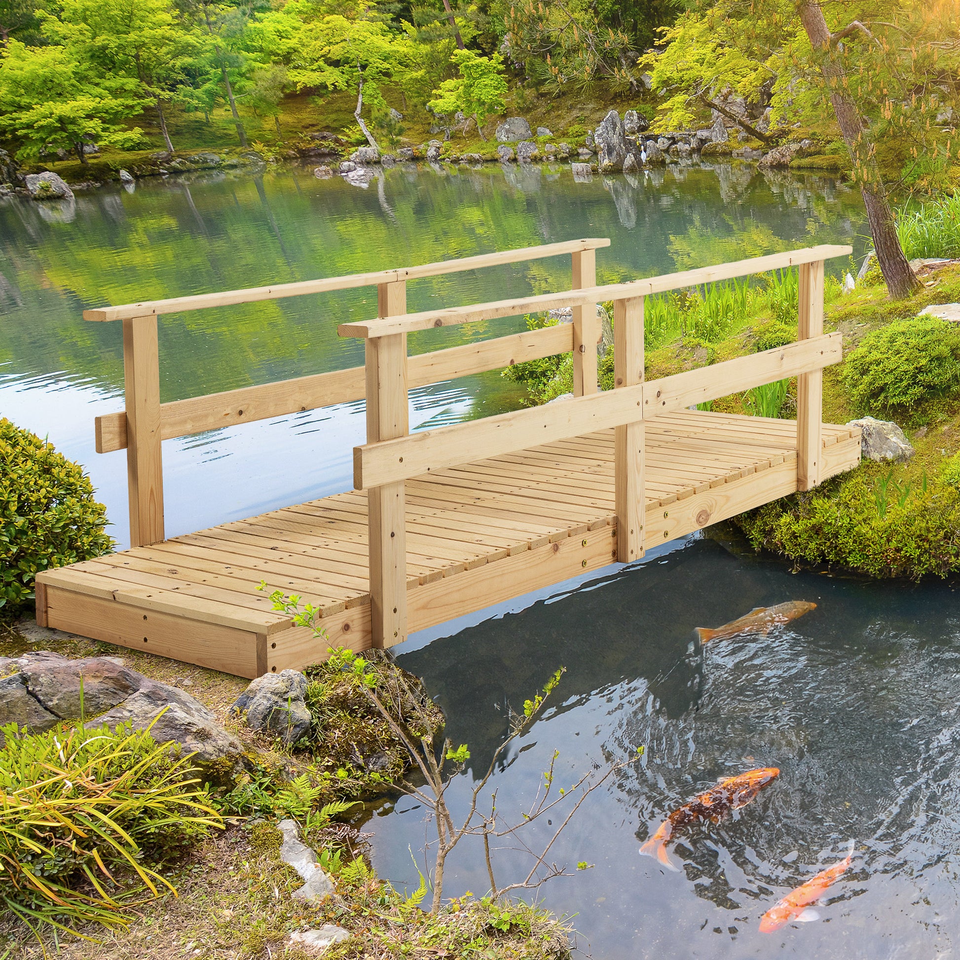 Outsunny 7' Wooden Garden Bridge With Safety Rails, Backyard Footbridge For Ponds, Creeks, Streams, Natural Natural Wood