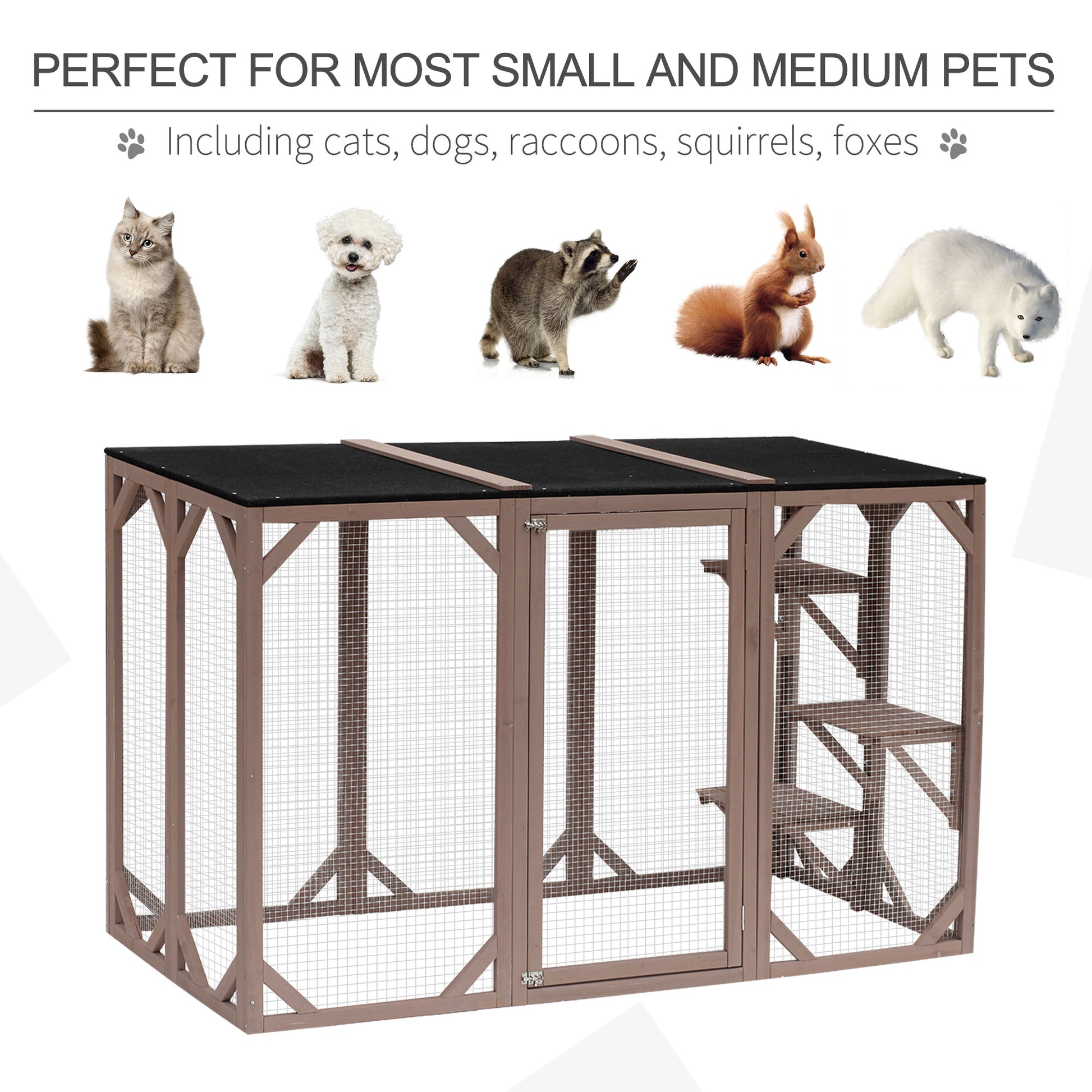Pawhut Outdoor Cat House, Catio Wooden Feral Cat Shelter, Cat Cage With Platforms, Large Enter Door, Weather Protection Asphalt Roof, 71" L, Brown Brown Wood