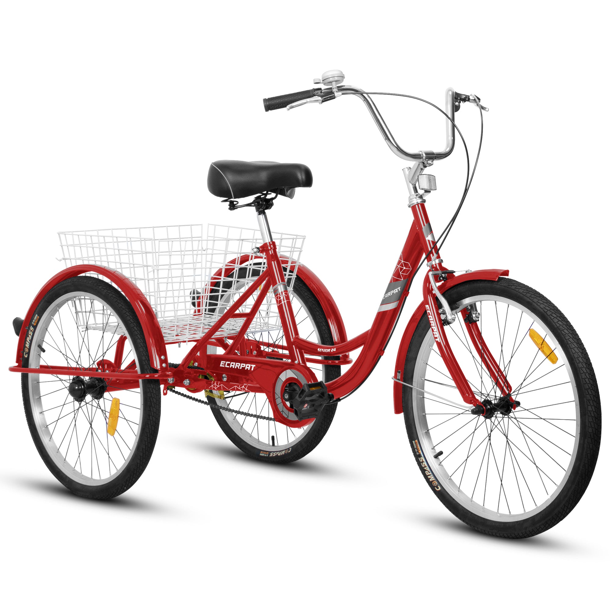 Adult Tricycles, 1 Speed Adult Trikes 24 Inch 3 Wheel Bikes, Three Wheeled Bicycles Cruise Trike With Shopping Basket For Seniors, Women, Men Red Carbon Steel