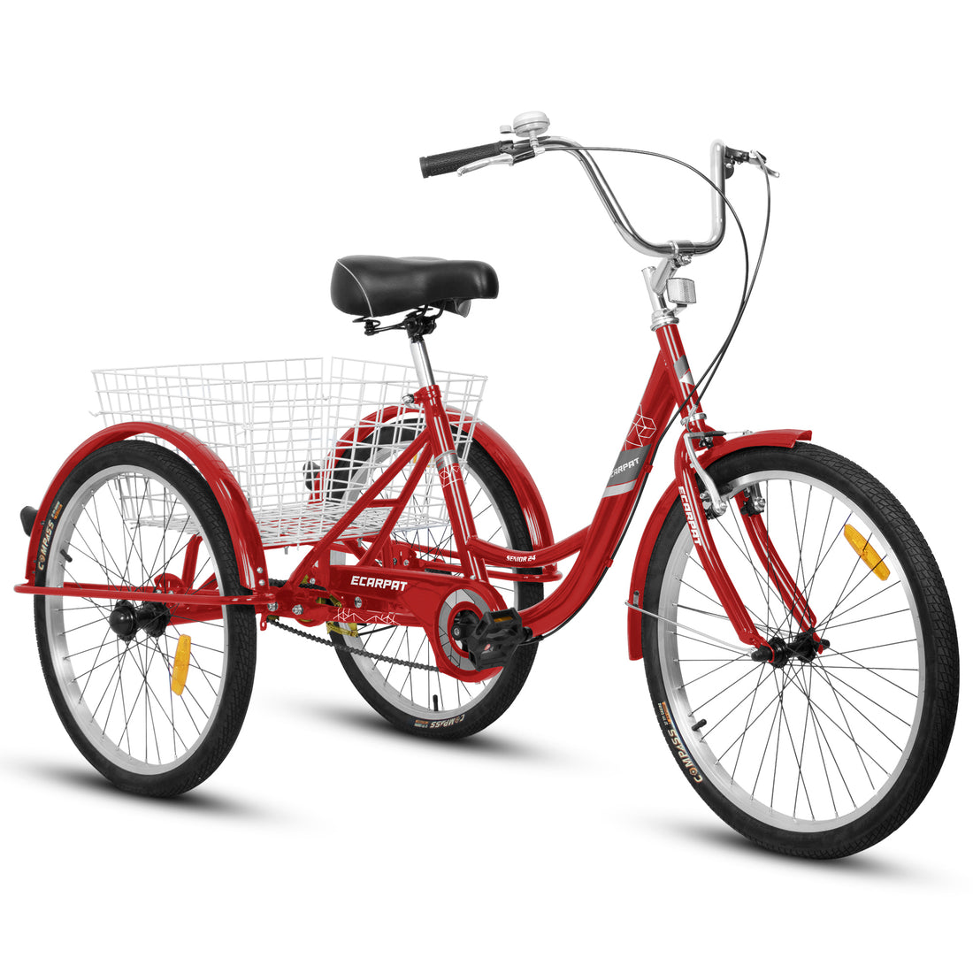 Adult Tricycles, 1 Speed Adult Trikes 24 Inch 3 Wheel Bikes, Three Wheeled Bicycles Cruise Trike With Shopping Basket For Seniors, Women, Men Red Carbon Steel