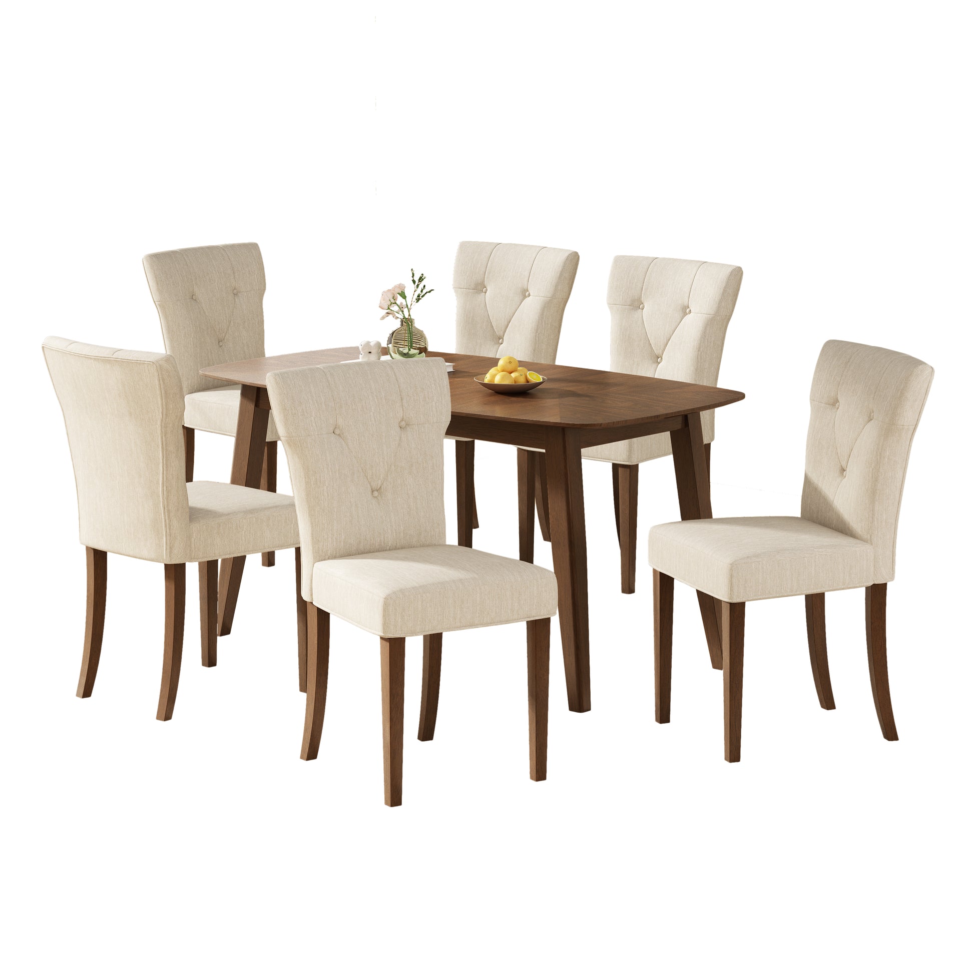 Indoor Wood Dining Set,Dining Chairs Set Of 6 Cream Dining Table Walnut Cream,Walnut Rubber Wood