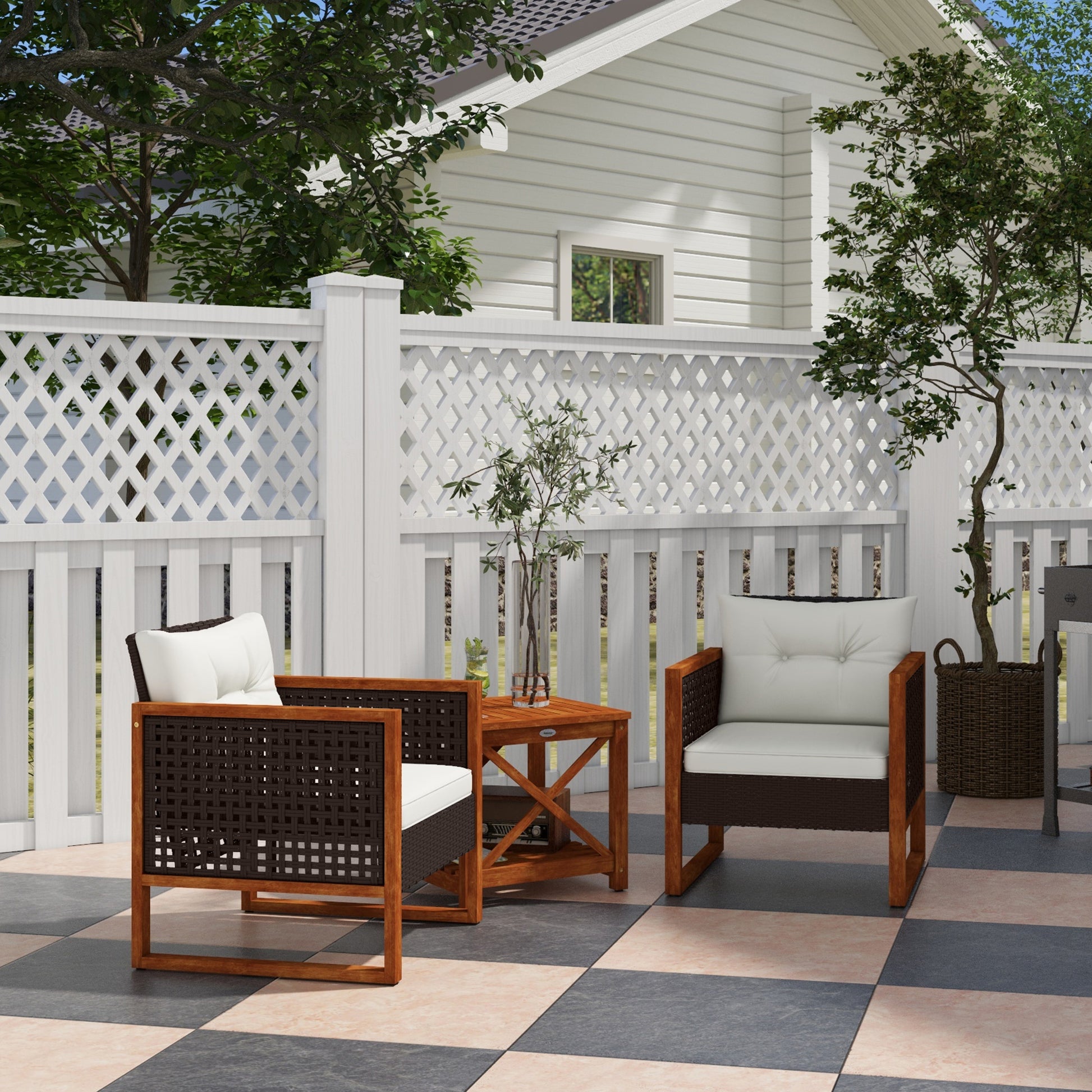 Outsunny 3 Pieces Patio Bistro Set Wooden With Cushions, Pe Wicker Patio Furniture Outdoor For Porch, Backyard, Garden, Brown Brown Rattan Metal