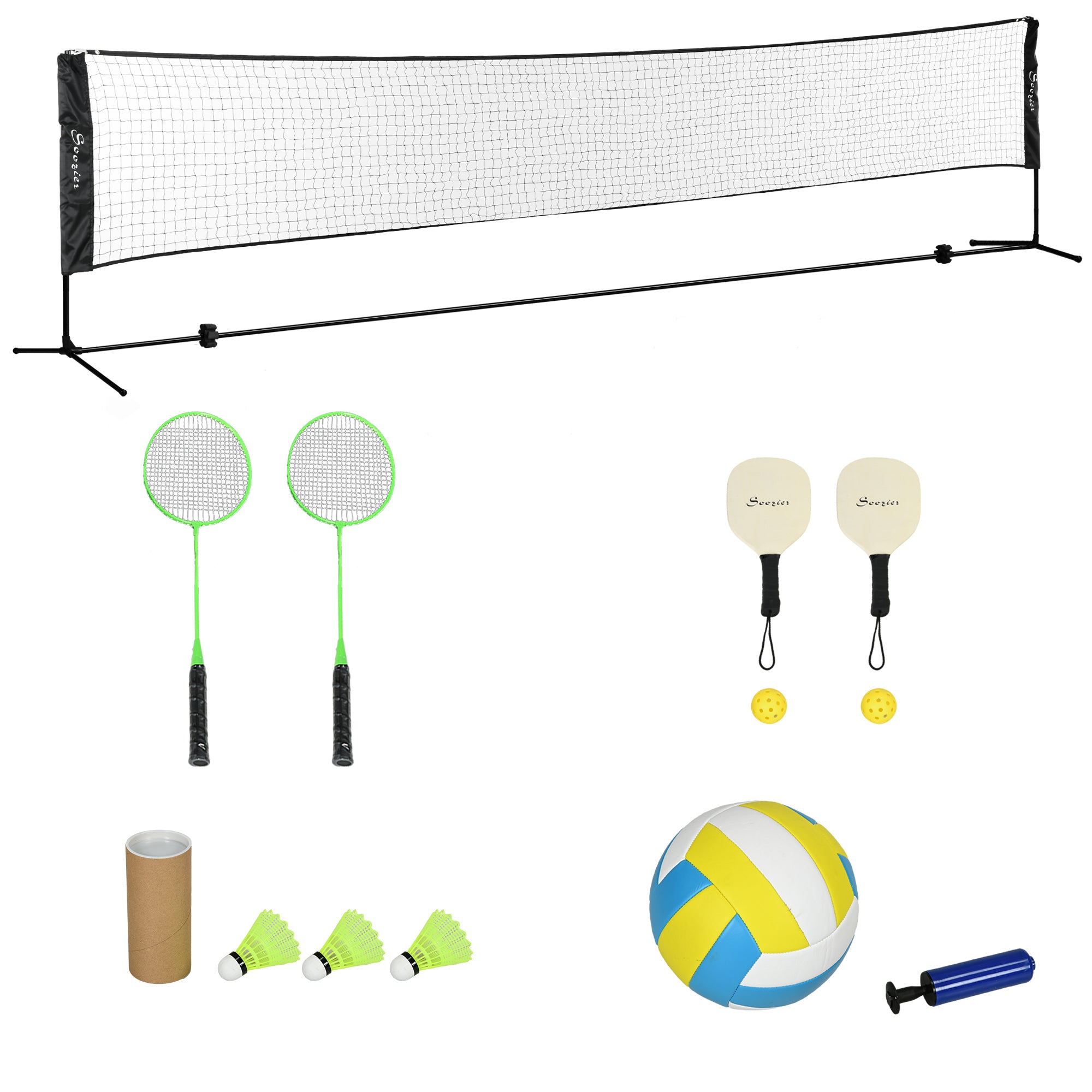 Soozier 17Ft Portable All In One Badminton Set, Pickleball And Volleyball Net, Height Adjustable Outdoor Sports Set For Backyard Beach Driveway Games Black Plastic