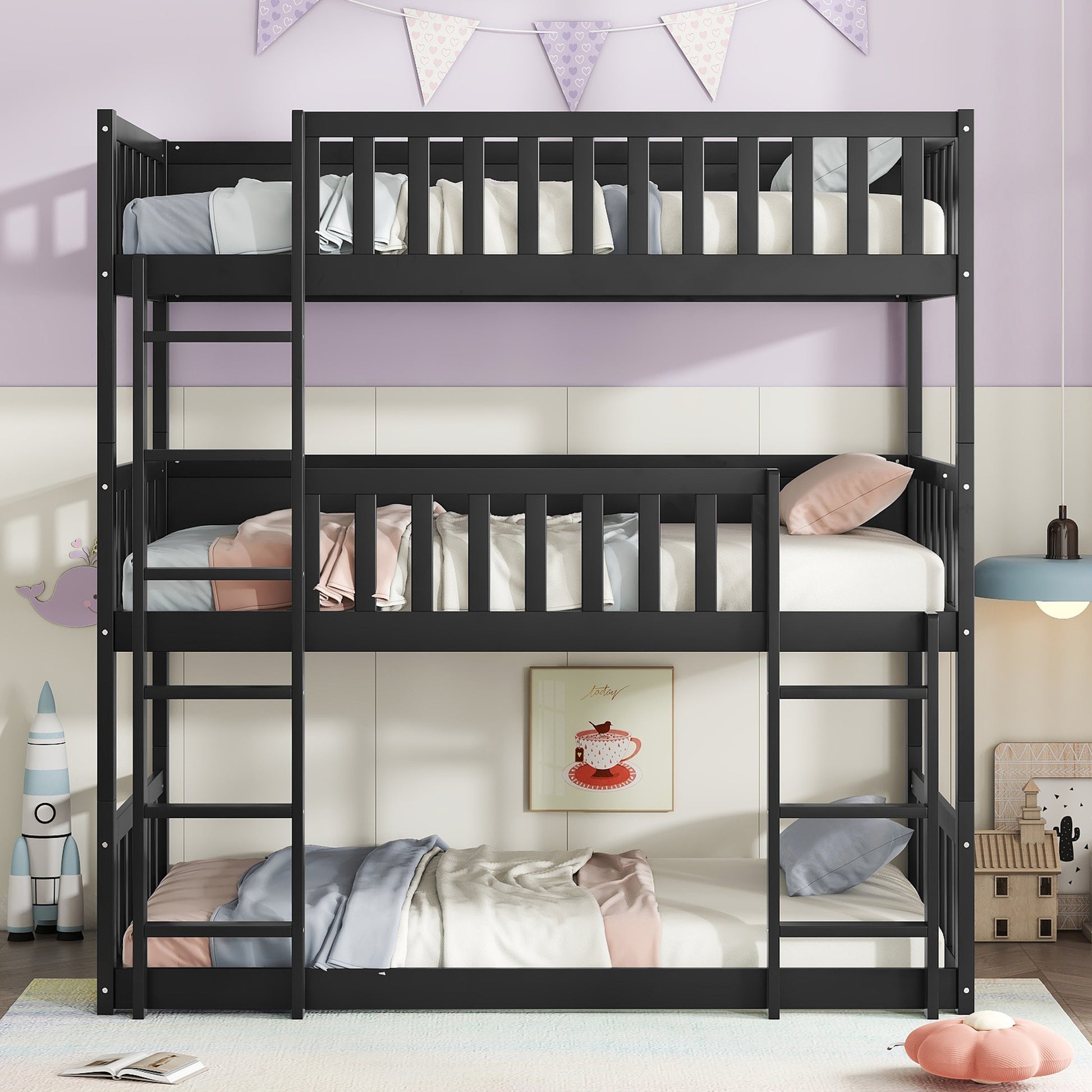 Twin Size Triple Rubber Wood Bunk Bed, With Ladders, Guardrails Detachable Bunk Bed, Twin Over Twin Over Twin,Black Twin Black Bedroom American Design Bed Frame Rubber Wood