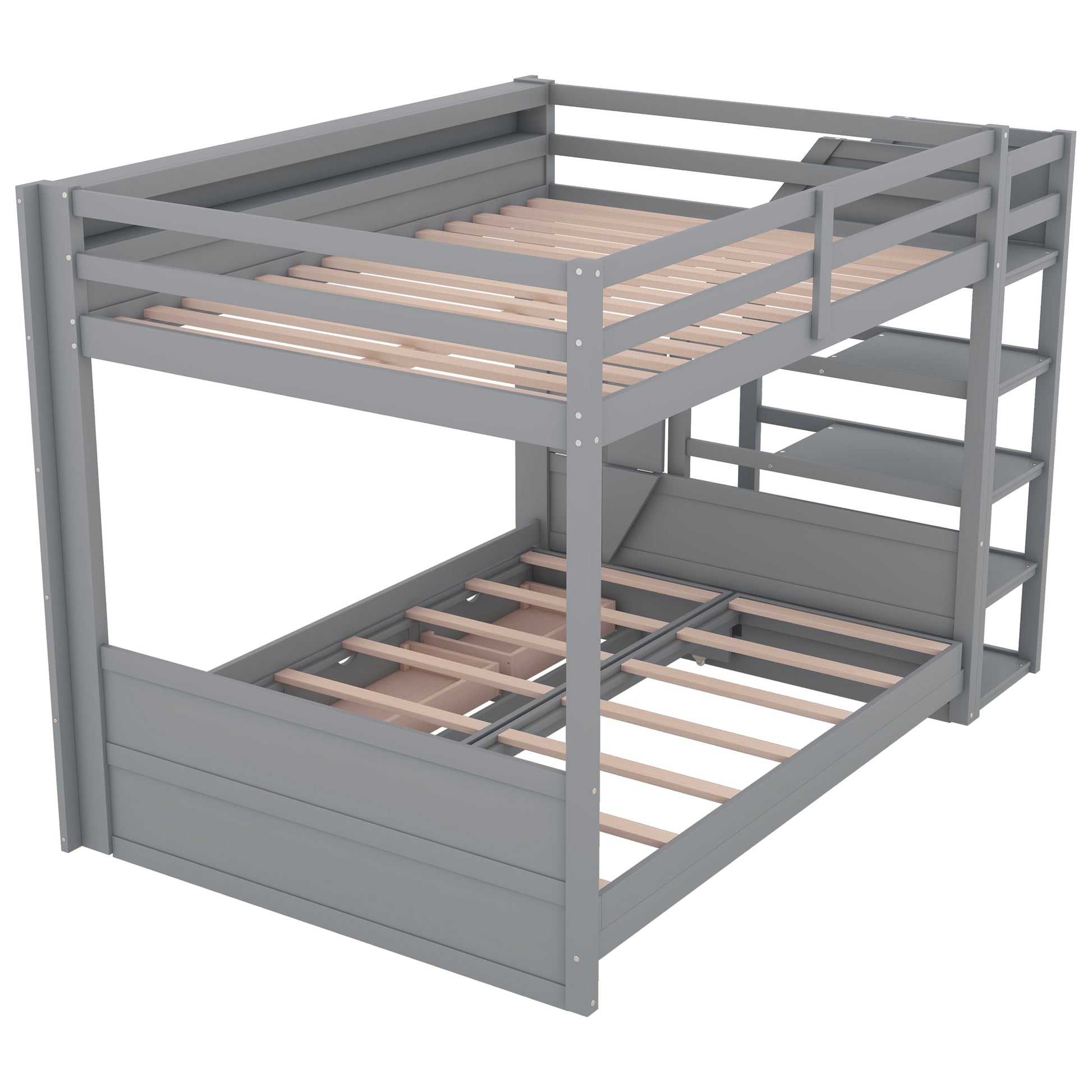 Wood Full Size Convertible Bunk Bed With Storage Staircase, Bedside Table, And 3 Drawers, Gray Gray Solid Wood Mdf