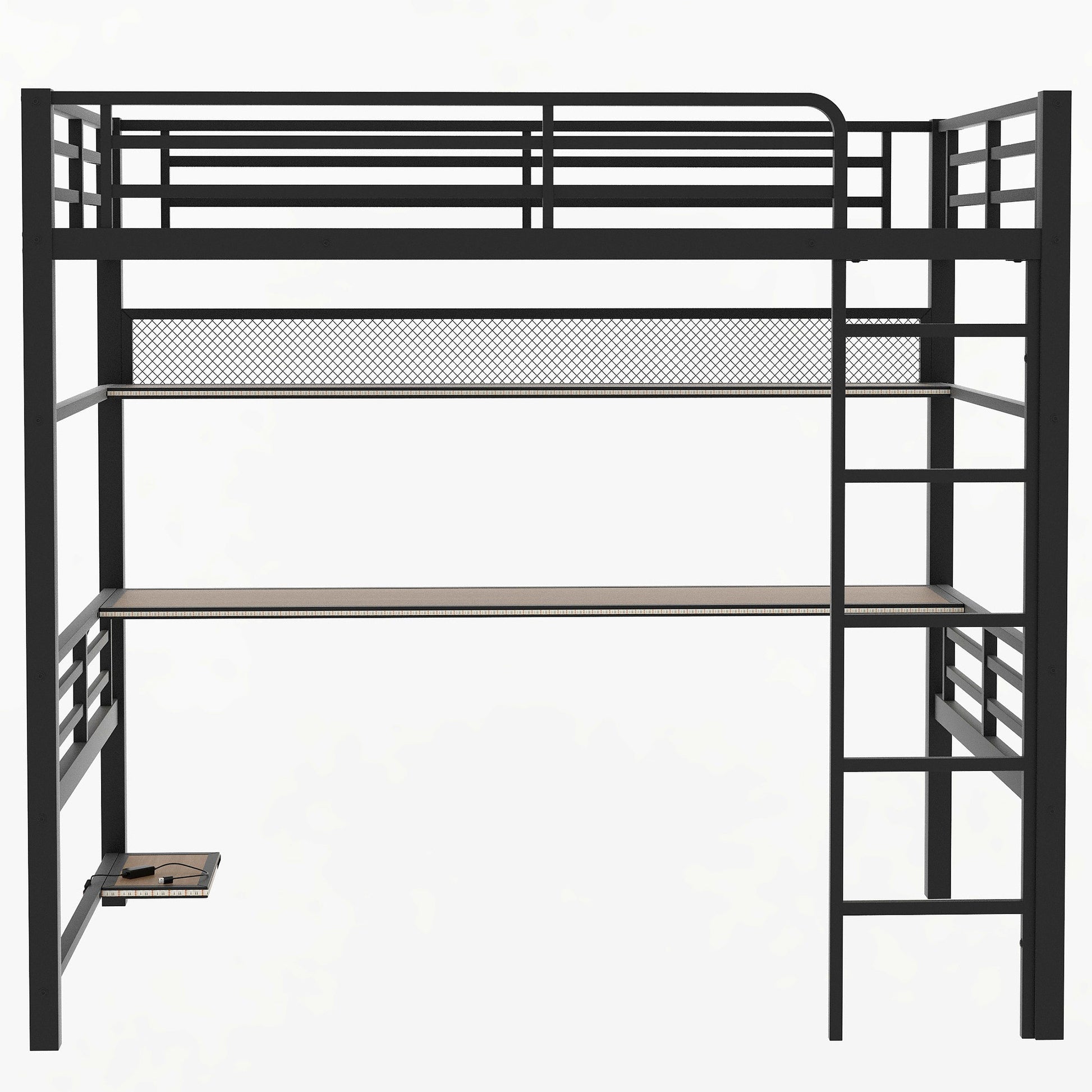 Full Size Metal Loft Bed Frame With Storage Shelf And Led Light,Iron Mesh,Black Expected Arrival Time:10.10 Black Metal