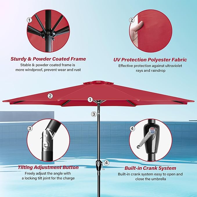 10Ft Outdoor Market Patio Umbrella With 8 Sturdy Ribs, Tilt Crank Push Button For Garden, Deck, Backyard And Pool Red Stainless Steel