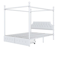 Queen Size Metal Canopy Platform Bed With Upholstered Headboard And Two Storage Drawers, White Queen White Metal