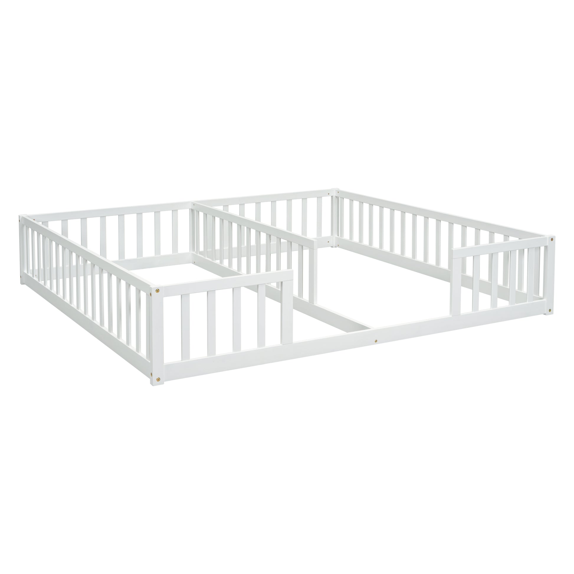 Double Twin Floor Bed With Fence, Guardrails, Without Door, White Twin White American Design Pine