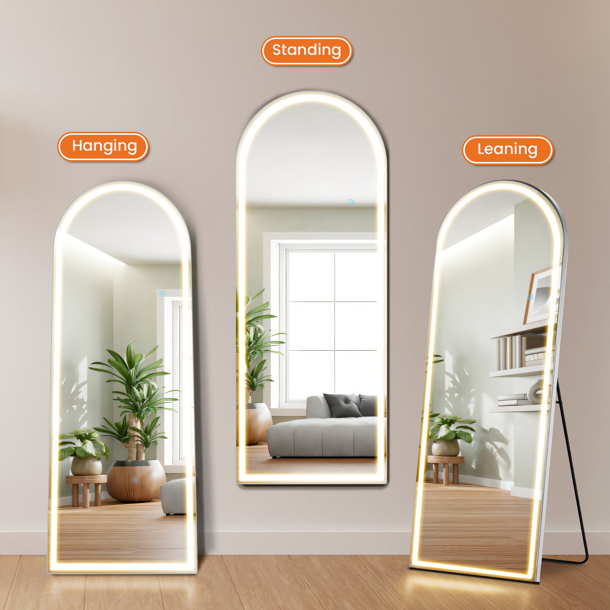 3 Color Lighting Mirror With Led Lights, 71"X26" Lighted Floor Standing Mirror With Stand Black Fiberglass