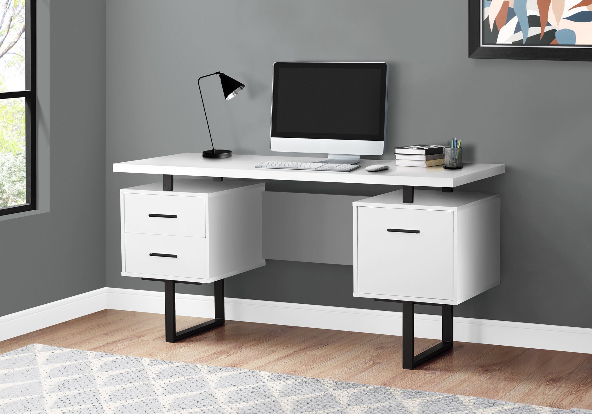 Computer Desk, Home Office, Laptop, Left, Right Set Up, Storage Drawers, 60"L, Work, White Laminate, Black Metal, Contemporary, Modern White Particle Board