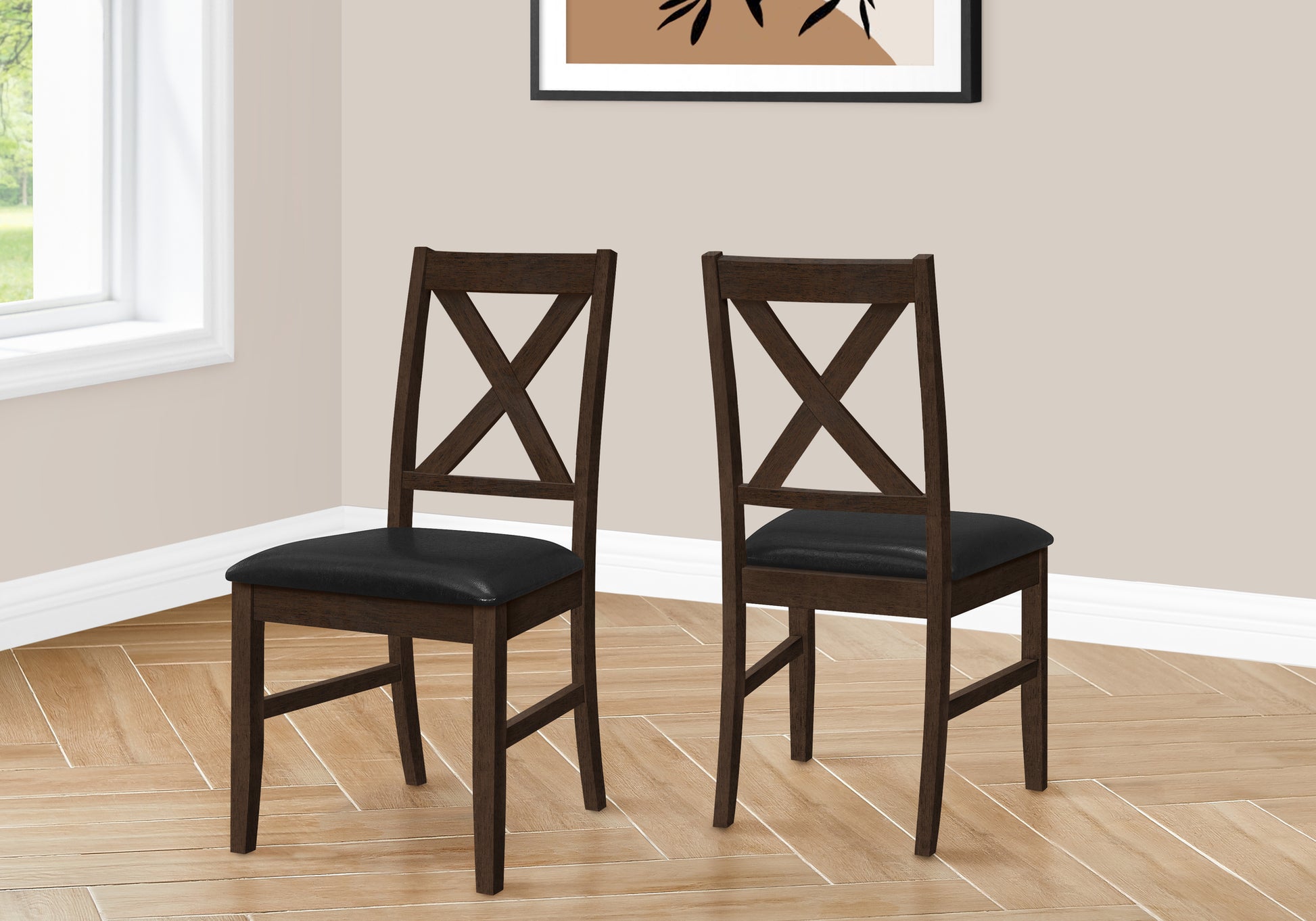 Dining Chair, 37" Height, Set Of 2, Dining Room, Kitchen, Side, Upholstered, Brown Solid Wood, Brown Leather Look, Transitional Black Foam Faux Leather