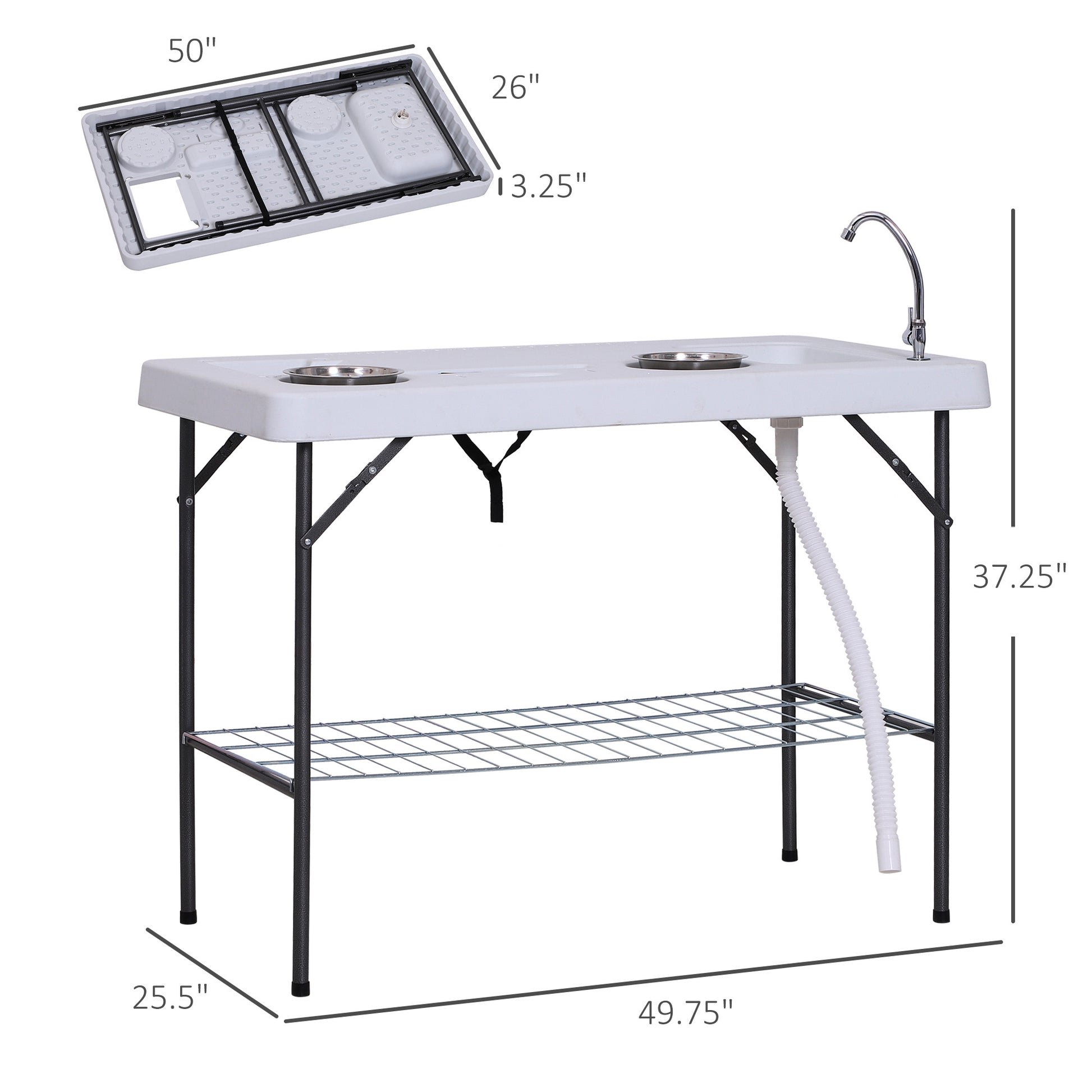 Outsunny Folding Fish Cleaning Table With Sink, Portable Camping Table With Faucet Drainage Hose, Grid Rack And Fish Cleaning Kit For Picnic, Fishing, 50" White Metal