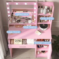Vanity Desk With Mirror & Light, Large Drawer Three Level Storage Dresser, 3 Lighting Modes Adjustable Brightness, Bedroom Dressing Table Pink Pink Particle Board