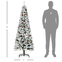 Homcom 6' Pencil Snow Flocked Artificial Christmas Tree With 600 Pine Realistic Branches, Pine Cones, Red Berries, Auto Open, Green Green Plastic
