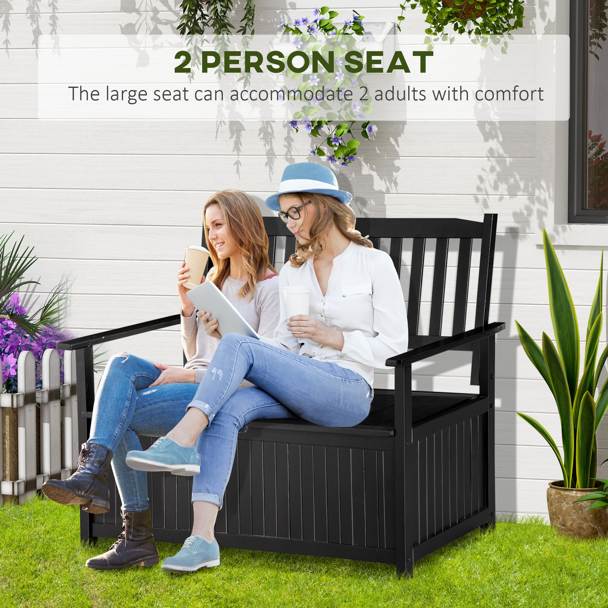 Outsunny Outdoor Storage Bench, 43 Gallon Deck Box With Armrests, Outdoor Storage Box For Patio Furniture Cushions And Garden Tools, Black Black Wood